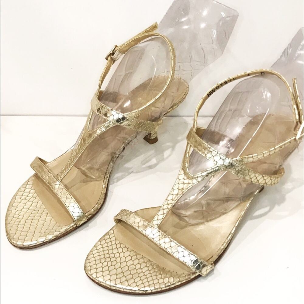 Stuart Weitzman 6 Midtanga Bali Snake Kitten Heel Sandal Champagne Gold Metallic